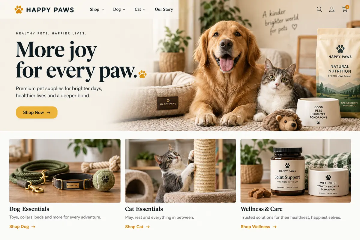 Happy Paws 行业网站设计示意图
